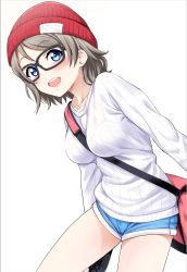 Rule 34 | 10s, 1girl, :d, bag, beanie, between breasts, black-framed eyewear, blue eyes, blush, bra, breasts, brown hair, cross-laced footwear, dutch angle, glasses, hat, highres, long sleeves, looking at viewer, love live!, love live! school idol festival, love live! sunshine!!, medium breasts, open mouth, sankuro (agoitei), see-through, short hair, short shorts, shorts, shoulder bag, simple background, smile, solo, strap between breasts, underwear, watanabe you, white background