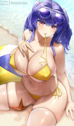 Rule 34 | 1girl, azur lane, ball, beachball, bikini, blush, breasts, cameltoe, collarbone, curvy, eyewear on head, female focus, fouriasensei, hand on own chest, highres, huge breasts, large breasts, long hair, looking at viewer, mouth hold, navel, official alternate costume, outdoors, parted lips, patreon username, pola (azur lane), pola (seaside coincidence) (azur lane), purple hair, red eyes, sideboob, sitting, skindentation, solo, starfish, sunglasses, swimsuit, thick thighs, thighhighs, thighs, twintails, underboob, untied bikini, wet, white thighhighs, yellow bikini