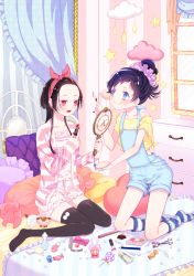 Rule 34 | 10s, 2boys, absurdres, alternate costume, applying makeup, artwele, bangs pinned back, bare shoulders, beads, black hair, black socks, blue eyes, blue nails, blush, bottle, bow, brush, buttons, candy, closed mouth, cloud, collarbone, comb, cosmetics, crossdressing, curtains, earrings, eyelash curler, face powder, food, frilled pillow, frills, hair bow, hair ornament, hair scrunchie, heart, heart-shaped pillow, high ponytail, highres, holding, holding lipstick, indoors, jewelry, kashuu kiyomitsu, kneehighs, kneeling, lipstick tube, lollipop, long hair, long sleeves, makeup, male focus, mirror, mole, mole under eye, multiple boys, nail polish, on bed, open mouth, overalls, pencil, perfume bottle, pillow, polka dot, pom pom (clothes), ponytail, purple hair, red eyes, red nails, rouge (makeup), scrunchie, shirt, short sleeves, shorts, sitting, sleepwear, sleeves past wrists, smile, socks, star (symbol), striped clothes, striped legwear, striped socks, sweater vest, swept bangs, tassel, teeth, thighhighs, tied shirt, touken ranbu, trap, window, yamato-no-kami yasusada
