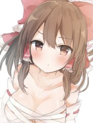 Rule 34 | 1girl, bandages, bare shoulders, blush, bow, breasts, brown eyes, brown hair, chest sarashi, collarbone, commentary request, detached sleeves, frilled bow, frills, hair between eyes, hair bow, hair tubes, hakurei reimu, karasusou nano, large breasts, long hair, looking at viewer, red bow, sarashi, sidelocks, simple background, sketch, solo, touhou, undone sarashi, upper body, white background