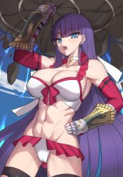 Rule 34 | 1girl, abs, bare shoulders, bikini, blue eyes, blunt bangs, blush, breasts, choker, cleavage, collarbone, cross, dutch angle, earrings, elbow gloves, fate/grand order, fate (series), frilled bikini, frills, gauntlets, gloves, hand on own hip, hip focus, jewelry, k jin, large breasts, long hair, looking at viewer, martha (fate), martha (swimsuit ruler) (fate), muscular, muscular female, navel, open mouth, purple hair, red gloves, rock, solo, straight hair, swimsuit, thigh strap, thighs, uppercut, very long hair, white bikini