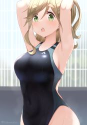Rule 34 | 1girl, armpits, arms up, black one-piece swimsuit, breasts, brown hair, competition swimsuit, covered navel, green eyes, highleg, highleg swimsuit, highres, inuyama aoi, large breasts, long hair, nekosination, one-piece swimsuit, ponytail, presenting armpit, solo, swept bangs, swimsuit, thick eyebrows, yurucamp