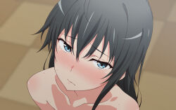 Rule 34 | 1girl, absurdres, black hair, blue eyes, blush, collarbone, commentary request, completely nude, from above, hair between eyes, highres, long hair, looking at viewer, nude, paid reward available, shou937, solo, yahari ore no seishun lovecome wa machigatteiru., yukinoshita yukino