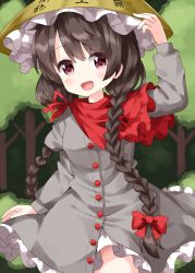 Rule 34 | 1girl, :d, ajirogasa, black hair, bow, braid, brown eyes, brown hat, buttons, clothes writing, coat, cowboy shot, forest, frilled hat, frills, grey coat, hair bow, hand on headwear, hat, highres, long hair, long sleeves, looking at viewer, nature, open mouth, outdoors, red bow, red neckwear, ruu (tksymkw), side braids, smile, solo, standing, touhou, twin braids, very long hair, yatadera narumi