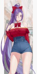 Rule 34 | 1girl, absurdres, alternate costume, aroevela, bare shoulders, blurry, blurry background, bow, bowtie, breasts, bright pupils, closed mouth, commentary, hair between eyes, hair bow, highres, large breasts, long hair, looking at viewer, meira (touhou), outdoors, ponytail, purple eyes, purple hair, red bow, red bowtie, signature, solo, symbol-only commentary, touhou, very long hair, white pupils
