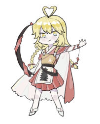 Rule 34 | 1other, androgynous, antenna hair, arm ribbon, armor, bare legs, bare shoulders, black sash, blonde hair, bow, bow (weapon), braid, breastplate, cape, closed mouth, commentary, dated commentary, detached sleeves, full body, hair bow, hakama, hakama short skirt, hakama skirt, heart antenna hair, holding, holding bow (weapon), holding weapon, japanese clothes, jishixingle1029, kimono, len&#039;en, light blush, long hair, looking at viewer, low twin braids, ooama no ake no mitori, other focus, outstretched arm, pagoda, pale skin, red bow, red cape, red hakama, red kimono, red ribbon, red skirt, red sleeves, ribbon, sash, short sleeves, simple background, single bare arm, skirt, sleeveless, sleeveless kimono, smirk, socks, solo, twin braids, two-sided cape, two-sided fabric, waist sash, weapon, white background, white cape, white socks, yellow eyes