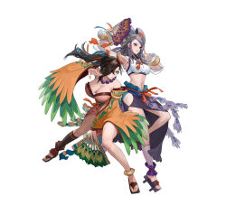 Rule 34 | 2girls, attack, breasts, brown eyes, brown hair, fire emblem, fire emblem fates, fire emblem heroes, hand fan, hand up, kagero (fire emblem), kagero (winds offered) (fire emblem), large breasts, midriff, multiple girls, nintendo, non-web source, official alternate costume, official art, orochi (fire emblem), orochi (winds offered) (fire emblem), pelvic curtain, pinwheel hair ornament, purple eyes, purple hair, sandals, white background