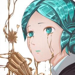 Rule 34 | 1other, androgynous, aqua eyes, bad id, bad pixiv id, blue eyes, crying, crying with eyes open, crystal hair, flower, gem uniform (houseki no kuni), gold, golden arms, houseki no kuni, ko ryou, lotus, molten, molten metal, open mouth, other focus, phosphophyllite, portrait, solo, spoilers, streaming tears, tears