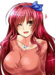 Rule 34 | 1girl, ;d, bad id, bad pixiv id, breasts, character request, collarbone, hair ribbon, hairband, jewelry, large breasts, long hair, looking at viewer, one eye closed, open mouth, paopao, pendant, red hair, ribbon, simple background, smile, solo, white background, wink, yellow eyes