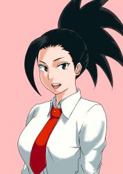 Rule 34 | 1girl, absurdres, black eyes, black hair, boku no hero academia, breasts, collared shirt, female focus, gradient background, happy, high ponytail, highres, hon jamaika, large breasts, looking at viewer, matching hair/eyes, necktie, open mouth, pink background, ponytail, red necktie, shirt, short ponytail, simple background, smile, solo, teeth, upper body, upper teeth only, white shirt, yaoyorozu momo