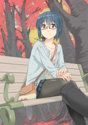 Rule 34 | 1girl, arm support, autumn, autumn leaves, bag, black footwear, black hair, black pantyhose, black skirt, blue jacket, boots, brown eyes, character request, closed mouth, collarbone, commentary request, cropped legs, dutch angle, glasses, hair between eyes, hand on own knee, hands on own knees, jacket, looking ahead, looking away, original, own hands together, pantyhose, plaid, plaid skirt, pleated skirt, red-framed eyewear, semi-rimless eyewear, shimotsuki iko, shiny clothes, shiny legwear, shirt, short hair, shoulder bag, sitting, skirt, solo, tree, under-rim eyewear, white shirt