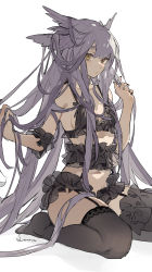 Rule 34 | 1girl, absurdly long hair, absurdres, black nails, black thighhighs, breasts, character request, cleavage, closed mouth, copyright request, garter straps, hair between eyes, head wings, highres, long hair, looking at viewer, nail polish, navel, purple hair, signature, simple background, sitting, skindentation, small breasts, thighhighs, very long hair, white background, wings, yellow eyes, zhibuji loom