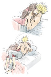 Rule 34 | 1boy, 1girl, aerith gainsborough, hug, barefoot, blonde hair, blue pants, brown hair, cloud strife, couple, dress, final fantasy, final fantasy vii, hair ribbon, hand on another&#039;s shoulder, hetero, highres, kiss, long hair, on bed, pants, parted bangs, pink dress, pink ribbon, ponytail, ribbon, short hair, sidelocks, sleep junky, spiked hair, square enix, topless male, white background