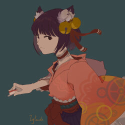 Rule 34 | 1girl, animal ear fluff, animal ears, artist name, bell, brown choker, brown eyes, brown hair, brown ribbon, cat ears, cat girl, chinese commentary, choker, closed mouth, commentary request, flat chest, flat color, frilled choker, frills, grey background, hair bell, hair ornament, hair ribbon, holding, holding mahjong tile, ichihime, ivylands, japanese clothes, jingle bell, kimono, long sleeves, looking at viewer, mahjong, mahjong soul, mahjong tile, obi, pink kimono, red sash, ribbon, sash, short hair, simple background, smile, solo, upper body, wide sleeves