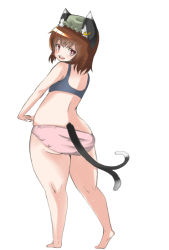 Rule 34 | 1girl, :d, animal ears, ass, barefoot, blush, bra, brown eyes, brown hair, cat ears, chen, earrings, from behind, hat, huge ass, jewelry, legs, mob cap, multiple tails, naughty face, open mouth, panties, pink panties, plump, shinobe, short hair, sketch, smile, solo, tail, thick thighs, thighs, touhou, two tails, underwear, underwear only