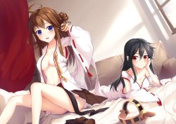 Rule 34 | 10s, 2girls, :d, bare legs, black hair, blue eyes, blush, breasts, brown hair, cleavage, detached sleeves, hairband, hand on own cheek, hand on own face, haruna (kancolle), japanese clothes, kantai collection, kongou (kancolle), large breasts, long hair, looking at viewer, miniskirt, multiple girls, navel, nontraditional miko, open clothes, open mouth, open shirt, personification, red eyes, ribbon-trimmed sleeves, ribbon trim, shirt, sitting, skirt, smile, unworn hairband, unworn legwear, unworn thighhighs, yaguo