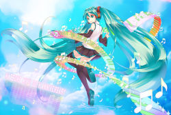 Rule 34 | 1girl, black footwear, black skirt, black sleeves, blue hair, blue sky, boots, closed mouth, cloud, crazypen, detached sleeves, floating hair, frilled shirt, frills, from behind, full body, green eyes, hair between eyes, hair ornament, hatsune miku, highres, long hair, long sleeves, looking at viewer, microphone, miniskirt, musical note, pleated skirt, shirt, skirt, sky, sleeveless, sleeveless shirt, smile, solo, sunlight, thigh boots, thighhighs, very long hair, vocaloid, white shirt, zettai ryouiki