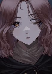 Rule 34 | 1girl, black cloak, brown eyes, brown hair, cloak, close-up, elden ring, facial tattoo, highres, hui000ph, looking at viewer, medium hair, melina (elden ring), one-eyed, one eye closed, parted bangs, parted lips, portrait, solo, tattoo