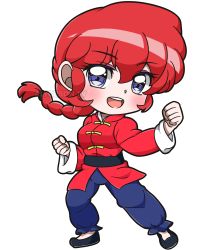 1girl, absurdres, artist request, blue eyes, braid, breasts, chibi, chinese clothes, eyebrows visible through hair, fighting stance, full body, genderswap, genderswap (mtf), highres, large breasts, looking at viewer, open mouth, ranma-chan, ranma 1/2, red hair, saotome ranma, single braid, smile, solo, wristband