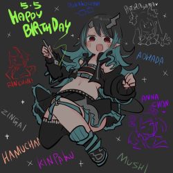 Rule 34 | 1girl, nanashi inc., animare, belt, belt bra, black footwear, black hair, black jacket, black skirt, black thighhighs, blue belt, blue hair, blue socks, blush, chest belt, clothing cutout, commentary request, cropped jacket, dated, demon girl, demon horns, demon tail, fang, flat chest, full body, garter straps, grey background, grey skirt, happy birthday, honey strap, horns, jacket, kojo anna, layered skirt, long hair, long sleeves, looking at viewer, midriff, miso love ini, multicolored hair, navel, open clothes, open jacket, open mouth, oura rukako, pointy ears, red eyes, romaji text, ryugasaki rene, shishio chris, shoes, shoulder cutout, single thighhigh, skirt, smile, sneakers, socks, solo, sugar lyric, suou patra, tail, thighhighs, translation request, two-tone hair, virtual youtuber