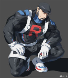 Rule 34 | 1boy, bara, belt, black bodysuit, black hair, black headwear, bodysuit, bulge, cliff (pokemon), covered abs, creatures (company), facial hair, full body, game freak, gloves, goatee, large pectorals, male focus, mature male, muscular, muscular male, nintendo, pectorals, poke ball, pokemon, pokemon go, rollingstonex6, shoes, short hair, sideburns, skin tight, smile, sneakers, solo, squatting, team go rocket, thick thighs, thighs, white belt, white gloves