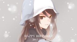 Rule 34 | 10s, 1girl, blue hat, blue jacket, brown eyes, brown hair, closed mouth, commentary, dated, english text, from side, girls und panzer, grey background, happy birthday, hat, jacket, keizoku military uniform, light smile, long hair, looking at viewer, mika (girls und panzer), military, military uniform, nakaya 106, portrait, raglan sleeves, snow, solo, track jacket, uniform