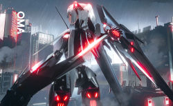 Rule 34 | 1girl, absurdres, artist name, barcode, building, commentary request, cowboy shot, eyes visible through hair, from behind, glowing, glowing headgear, grey background, grey sky, hair between eyes, highres, looking to the side, mecha, mecha musume, medium hair, original, outdoors, ponytail, punishing: gray raven, rain, red eyes, robot, rooftop, rosetta (punishing: gray raven), seymour (sai lu er), sky, solo, standing, white hair