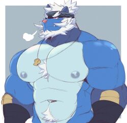 Rule 34 | 1boy, abs, absurdres, bara, biceps, creatures (company), facial hair, game freak, gen 5 pokemon, grey background, headband, highres, hisuian samurott, huge pectorals, jewelry, juggermelon, muscular, muscular male, mustache, necklace, nintendo, pectorals, pokemon, pokemon legends: arceus, pubic hair, red eyes, samurott, simple background, spiked hair, thick arms, thick eyebrows, topless male, tusks, upper body, white hair