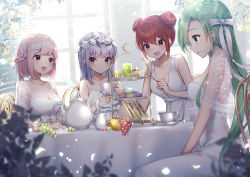 Rule 34 | 4girls, :d, ahoge, anotherxalice, bare shoulders, blurry, blurry foreground, bow, braid, breasts, cake, chair, character request, cleavage, closed mouth, collarbone, commentary request, creamer (vessel), cup, cupcake, day, depth of field, double bun, dress, falling petals, fang, floral print, flower, food, fork, fruit, glowing, glowing petals, grapes, green eyes, green hair, hair between eyes, hair bow, hair bun, hair ribbon, half updo, head wreath, highres, holding, holding cup, holding fork, lace, long hair, looking at another, macaron, medium breasts, multiple girls, nyasunyadoora, open mouth, orange (fruit), orange eyes, parted bangs, petals, pink hair, plant, print dress, profile, purple eyes, purple hair, red eyes, red hair, ribbon, sandwich, saucer, short hair, sidelocks, sitting, skin fang, sleeveless, sleeveless dress, small breasts, smile, spaghetti strap, sparkle, standing, sunlight, table, tablecloth, tea party, teacup, teapot, tiered tray, white bow, white dress, white flower, white ribbon, window, yellow flower