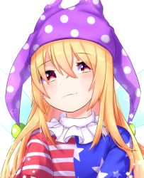 Rule 34 | 1girl, american flag dress, bad id, bad pixiv id, blonde hair, blue dress, blush, clownpiece, commentary request, dress, fairy wings, hair between eyes, hat, highres, jester cap, long hair, looking at viewer, mozuno (mozya 7), neck ruff, partial commentary, polka dot, polka dot headwear, purple hat, red dress, red eyes, short sleeves, simple background, smile, solo, star (symbol), star print, striped clothes, striped dress, touhou, upper body, white background, white dress, wings