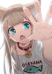 Rule 34 | 1girl, 40hara, animal collar, animal ear fluff, animal ears, blonde hair, blue eyes, blunt bangs, blurry, blurry foreground, cat ears, chromatic aberration, clothes writing, collar, commentary request, fang, highres, kinako (40hara), long hair, open mouth, original, print shirt, reaching, reaching towards viewer, red collar, shirt, skin fang, solo, t-shirt, white background
