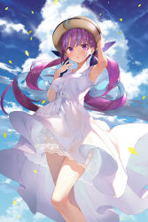 Rule 34 | 1girl, arm up, armpit peek, bare legs, blue hair, blue sky, braid, breasts, brown hat, buttons, cloud, cloudy sky, colored inner hair, day, dress, falling leaves, gaou (umaiyo puyoman), hair ribbon, hand on headwear, hand up, hat, hololive, leaf, long dress, long hair, looking at viewer, medium breasts, minato aqua, multicolored hair, nail polish, parted lips, purple eyes, purple hair, ribbon, short sleeves, sky, solo, standing, streaked hair, sun hat, sunlight, twintails, two-tone hair, virtual youtuber, white dress