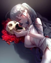 Rule 34 | 1girl, ahoge, azur lane, bare shoulders, black hair, breasts, center opening, commentary request, dress, earrings, evening gown, hair between eyes, hair ornament, highres, jewelry, large breasts, long hair, looking at viewer, lying, necklace, official alternate costume, on side, red eyes, satin dress, skull, sleeveless, sleeveless dress, smile, solo, taihou (azur lane), taihou (temptation on the sea breeze) (azur lane), torimahera, very long hair, wedding dress
