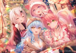 Rule 34 | 4girls, :d, ahoge, alternate costume, animal ears, animal hood, bell, black choker, blue hair, blurry, blurry background, blush, box, breasts, brown hairband, brown sweater, camisole, casual, cat ears, chihiro ayaka, choker, christmas, christmas ornaments, christmas tree, cleavage, closed eyes, commentary, dolphin shorts, fake animal ears, fang, floral print, flower knot, gift, gift box, green eyes, grey hair, hair between eyes, hairband, hakui koyori, heart, heart ahoge, hololive, hood, hood up, hoodie, horns, indoors, jewelry, kneeling, light blue hair, long hair, looking at viewer, lying, medium breasts, multicolored hair, multiple girls, nail polish, nakiri ayame, neck bell, necklace, off shoulder, official art, on stomach, open mouth, pink camisole, pink hair, pink nails, pointy ears, polka dot, polka dot hairband, pom pom (clothes), purple eyes, red hair, red ribbon, ribbon, sakura miko, short shorts, shorts, skin-covered horns, sleeves past wrists, small breasts, smile, sparkle, streaked hair, sweater, tail, tinsel, two-tone hair, virtual youtuber, watermark, white camisole, white hoodie, wolf tail, yellow eyes, yukihana lamy