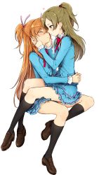 Rule 34 | 10s, 2girls, blouse, blue eyes, blue shirt, blush, brown hair, closed eyes, hair ribbon, hands on another&#039;s face, heart, highres, houjou hibiki, imminent kiss, kneehighs, legs, loafers, long hair, looking at another, minamino kanade, minatsuki randoseru, multiple girls, orange hair, precure, ribbon, school uniform, shirt, shoes, short twintails, simple background, sitting, sitting on person, skirt, socks, suite precure, twintails, two side up, very long hair, white background, yuri