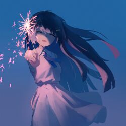 Rule 34 | 1girl, absurdres, arm behind back, asymmetrical sidelocks, bare shoulders, belt, blue background, blue ribbon, brooch, cevio, closed eyes, collared dress, commentary request, cowboy shot, dress, facing viewer, fireworks, floating hair, futaba minato, hair ornament, hairclip, highres, holding, holding fireworks, jewelry, long hair, neck ribbon, open mouth, outstretched arm, penguin (dx19291005), ribbon, sleeveless, sleeveless dress, smile, solo, sparkler, sparks, standing, white dress