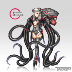 Rule 34 | 1girl, android, artist name, breasts, center opening, female focus, gia, highres, octolase (gia), original, purple eyes, red eyes, science fiction, silver hair, solo, tentacles, thighhighs, watermark, web address