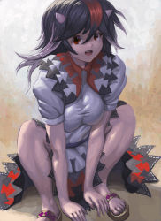 Rule 34 | 1girl, arrow (symbol), black hair, breasts, breasts squeezed together, brown background, cone horns, dress, gradient background, grey horns, highres, horns, kijin seija, large breasts, looking at viewer, multicolored hair, open mouth, red hair, sandals, short sleeves, solo, squatting, streaked hair, syuraime 0, touhou, white background, white hair