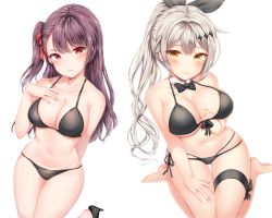 Rule 34 | 2girls, absurdres, arm behind back, barefoot, bikini, black bikini, black footwear, blush, bow, bowtie, breasts, cleavage, closed mouth, collarbone, five-seven (cruise queen) (girls&#039; frontline), five-seven (girls&#039; frontline), front-tie bikini top, front-tie top, girls&#039; frontline, hair ribbon, half updo, halterneck, hand on own chest, high heels, highres, large breasts, leg ribbon, leg up, long hair, looking at viewer, multi-strapped bikini, multiple girls, navel, official alternate costume, one side up, ponytail, purple hair, red eyes, red ribbon, ribbon, side-tie bikini bottom, sidelocks, silver hair, simple background, sitting, stomach, string bikini, swimsuit, thigh ribbon, very long hair, wa2000 (girls&#039; frontline), wariza, white background, yellow eyes, zerocat