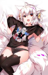 Rule 34 | 1girl, :d, ahoge, animal ear fluff, animal ear legwear, bed sheet, black panties, black ribbon, black shirt, black thighhighs, commentary request, fangs, fingernails, fox girl, fox hair ornament, fox tail, hair between eyes, hair ornament, hair ribbon, hands up, highres, holding, holding clothes, holding shirt, kitsune, kyuubi, long hair, looking at viewer, lying, multiple tails, nail polish, on back, open mouth, original, panties, pink nails, print shirt, red eyes, ribbon, shirt, unworn shirt, short sleeves, smile, solo, star (symbol), star hair ornament, t-shirt, tail, thick eyebrows, thighhighs, topless, underwear, underwear only, usagihime, white hair