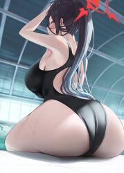 Rule 34 | 1girl, absurdres, adjusting hair, amondo, ass, backboob, backless swimsuit, black hair, black one-piece swimsuit, blue archive, blush, breasts, duplicate, halo, hand in own hair, hasumi (blue archive), highres, huge breasts, large breasts, looking back, one-piece swimsuit, ponytail, pool, poolside, red eyes, red halo, rei no pool, shiny skin, sideboob, sitting, swimsuit, window