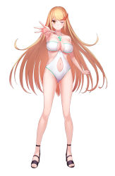 Rule 34 | 1girl, ;), absurdres, alternate costume, arm up, armpits, bare legs, black footwear, blonde hair, blush, breasts, casual one-piece swimsuit, cleavage, clothing cutout, earrings, full body, gem, gluteal fold, green322, highres, jewelry, large breasts, long hair, mythra (xenoblade), navel, navel cutout, nintendo, one-piece swimsuit, one eye closed, outstretched arm, sandals, sidelocks, simple background, smile, solo, standing, straight hair, swept bangs, swimsuit, thighs, toes, v-shaped eyebrows, very long hair, white background, white one-piece swimsuit, xenoblade chronicles (series), xenoblade chronicles 2, yellow eyes