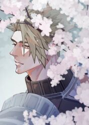 Rule 34 | 1boy, absurdres, achilles (fate), armor, branch, cherry blossoms, closed mouth, eyelashes, fate/apocrypha, fate (series), green hair, haruakira, highres, looking ahead, male focus, mature male, outdoors, short hair, shoulder armor, solo, spring (season), undercut, upper body, yellow eyes