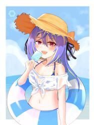 Rule 34 | 1girl, absurdres, alternate costume, beach, blue hair, blue innertube, blue sky, blush, breasts, cloud, commentary request, crop top, day, food, green hair, hair between eyes, hat, highres, hiyoku no crosspiece, holding, holding food, holding popsicle, holding swim ring, innertube, lens flare, long bangs, long hair, looking at viewer, midriff, mole, mole under eye, multicolored hair, nanashi inc., navel, off-shoulder shirt, off shoulder, open mouth, outdoors, pink eyes, popsicle, salmon231, shirt, sky, small breasts, smile, solo, straw hat, striped innertube, sun hat, suzumi nemo, swim ring, teeth, tied shirt, two-tone hair, upper body, upper teeth only, virtual youtuber, white innertube, white shirt