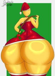 Rule 34 | 1girl, ass, ass focus, breasts, christmas, commentary, curvy, english commentary, furry, furry female, hat, headgear, headwear request, highres, holly, holly (pankacakem), huge ass, large breasts, leggings, muscular, muscular female, no pants, original, pankacakem, plant, red hat, santa hat, solo