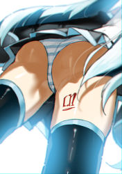 Rule 34 | 1girl, absurdres, ass, ass focus, black skirt, black thighhighs, blue panties, from behind, from below, hatsune miku, highres, leg tattoo, long hair, lower body, number tattoo, panties, pleated skirt, reirou (chokoonnpu), signature, simple background, skirt, solo, striped clothes, striped panties, tattoo, thighhighs, twintails, underwear, upskirt, very long hair, vocaloid, white background