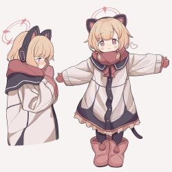 Rule 34 | 1girl, :3, animal ear headphones, animal ears, atat250, black thighhighs, blonde hair, blue archive, blush, boots, bow, cat tail, closed mouth, fake animal ears, hair bow, halo, headphones, highres, jacket, long sleeves, looking at viewer, mittens, momoi (blue archive), multiple views, outstretched arms, pink footwear, pink halo, red bow, red eyes, red mittens, red scarf, scarf, short hair, smile, spread arms, tail, thighhighs, white jacket