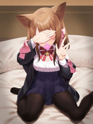 Rule 34 | 1girl, absurdres, animal ear fluff, animal ears, bad id, bad pixiv id, bed, bell, black jacket, black pantyhose, blue skirt, bow, bowtie, brown hair, cat ears, commentary request, condom, condom in mouth, covered eyes, covering face, facing viewer, haiba 09, hair bow, hands up, high-waist skirt, highres, indoors, jacket, jingle bell, long hair, long sleeves, mouth hold, neck bell, nekoseki rion (haiba 09), no shoes, off shoulder, on bed, open clothes, open jacket, original, paid reward available, pantyhose, pink bow, pleated skirt, red bow, red bowtie, shirt, shirt tucked in, sitting, skirt, solo, w, wariza, white shirt