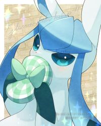 Rule 34 | alopias, border, character name, commentary, creatures (company), game freak, gen 4 pokemon, glaceon, green eyes, green hat, hat, holding, holding clothes, holding hat, looking at viewer, nintendo, no humans, pokemon, pokemon (creature), solo, sparkle, unworn hat, unworn headwear, watermark, white border