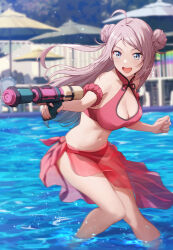 Rule 34 | 1girl, :d, ahoge, arm scrunchie, bare shoulders, beach umbrella, bikini, blue eyes, blurry, blurry background, breasts, cleavage, commentary request, double bun, finger on trigger, firing, floating hair, hair bun, highres, holding, holding water gun, large breasts, long hair, love live!, love live! nijigasaki high school idol club, mole, mole under eye, navel, open mouth, outdoors, pink hair, pool, red bikini, red sarong, sarong, shamakho, smile, solo, stomach, swimsuit, table, thighs, umbrella, wading, water, water gun, zhong lanzhu